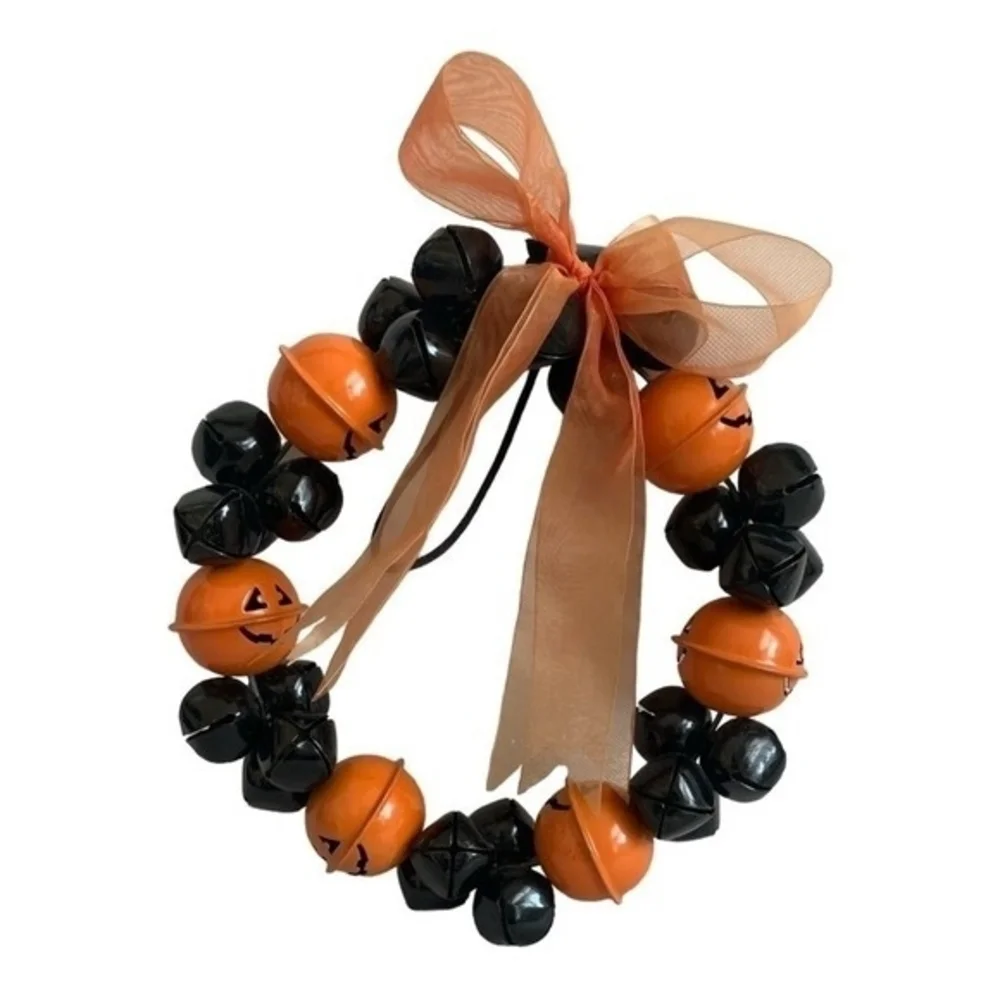 Halloween Orange Black Metal Pumpkin Jingle Bell Wreath 9.5